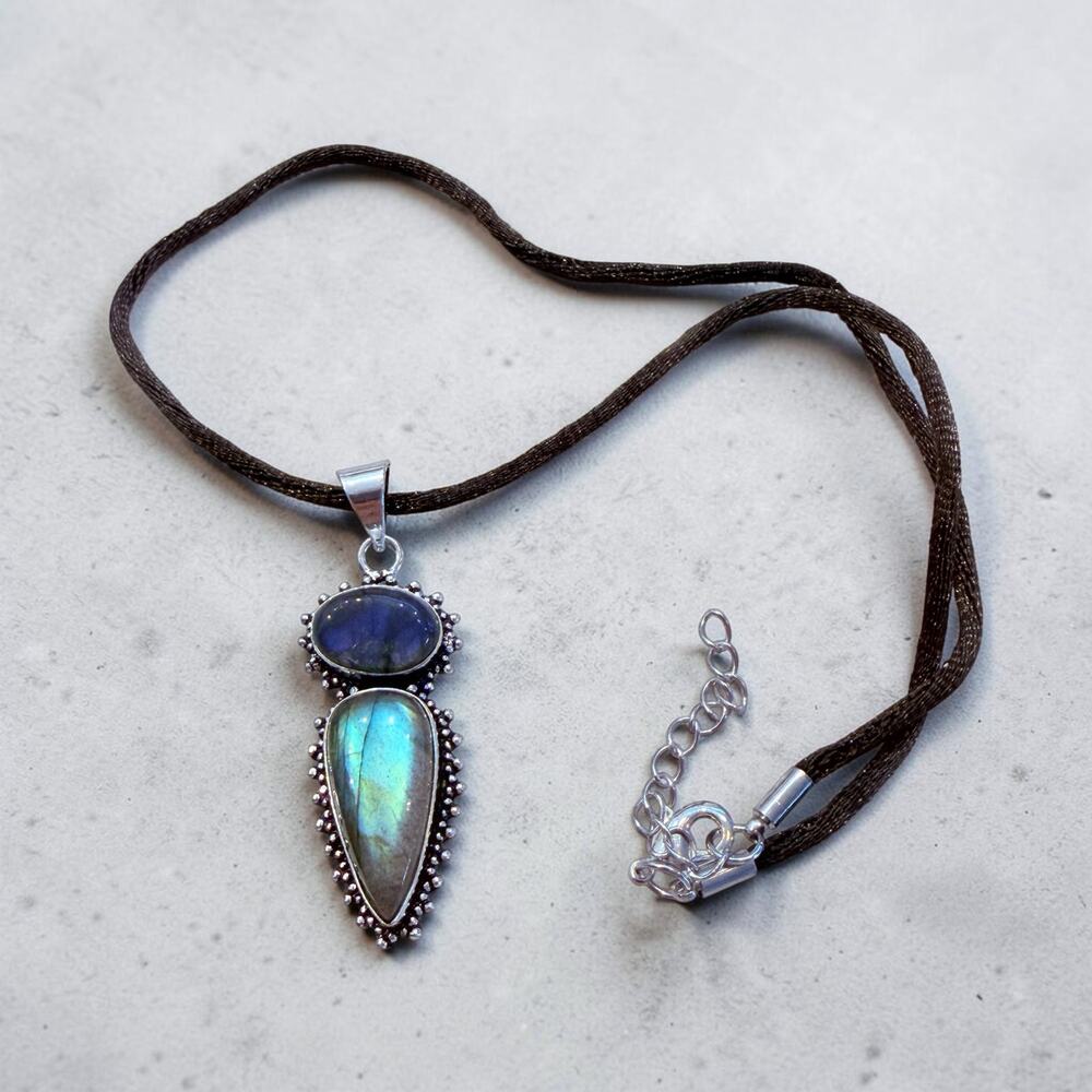 Fiery Labradorite Double Stone Sterling Silver Plated Necklace